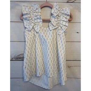 Noble 31 Womens White Blue Gold Metallic Ruffle Shoulder High Low Blouse S USA